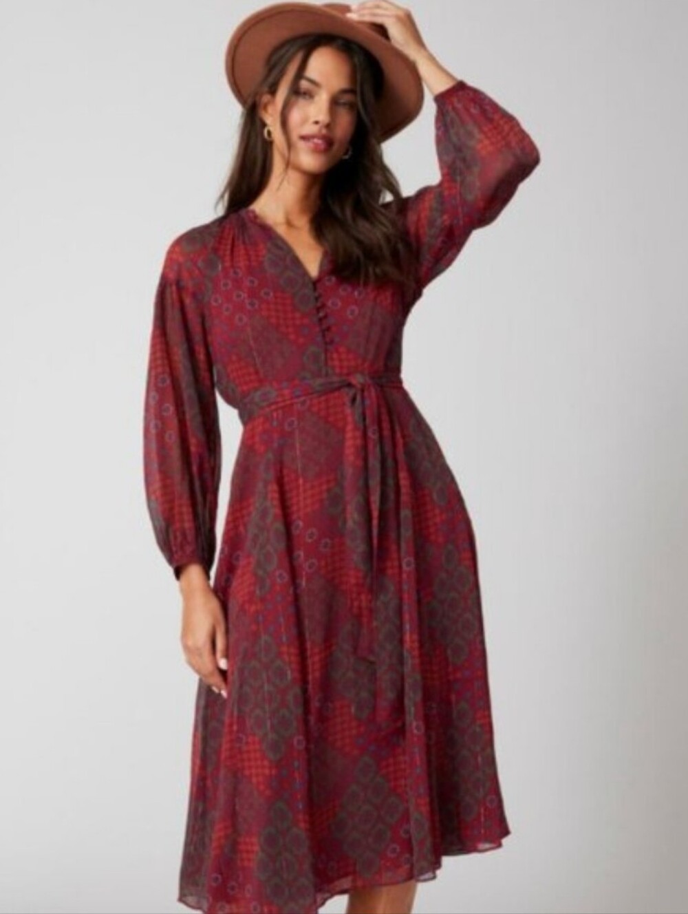 UNTUCKit Burgundy Patterned Long-Sleeve Tie-Waist Midi Dress